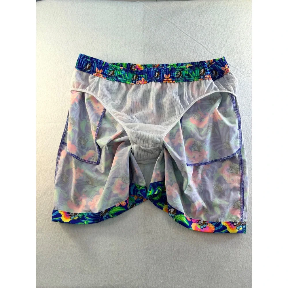 Buc-ees Mens XL Tropical Space Beaver Swim Trunks Blue Floral Shorts L Large